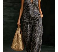 Talla Grande - Talla Grande - Conjunto de 2 piezas de pantalones de pierna ancha y con cuello halter con estampado de vid retro de color con cuello en V, Traje de vacaciones estilo bosque francés