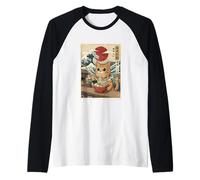 Tallarines Ramen Kawaii Cat Japanese Wave Ukiyo-e Art Camiseta Manga Raglan