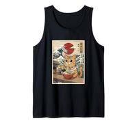 Tallarines Ramen Kawaii Cat Japanese Wave Ukiyo-e Art Camiseta sin Mangas