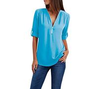 Tallas Grandes Camiseta Mujer,Camisetas Manga Corta Mujer Casual Camisas de Cuello en V con Cremallera Color Sólido Blusas Multicolor Informal Corte Suelto Camisetas Mujer Verano 2024