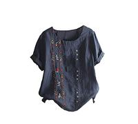 Tallas Grandes Camisetas Manga Corta Mujer,Camisa Lino Mujer de Cuello en Redondo con Botones Moda Lino y Algodón Camiseta con Floral Estampado Casual Corte Suelto Multicolor Pullover Tops