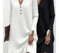 Tallas grandes, conjunto de 2 piezas exquisito y elegante para mujer de talla grande, vestido de color liso con cuello en V y botones, estilo de larga que , tendencia de ropa de