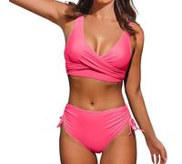 Tallas Grandes Mujer Barata Bikini Vientre Plano Conjunto de Traje de Baño Bikini Triangular con Correa Informal Color Sólido para Mujer Braga Alta Triangulo (Pink L)