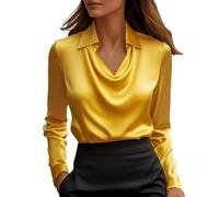 Tallas Grandes Mujer,Women's Elegant Cowl Neck Satin Blouse Long Sleeve Work Shirt Top Camiseta Plateada Mujer Manga Larga (Yellow, XXXL).