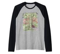 Tallos de bambú y Puente de Piedra ilustración Camiseta Manga Raglan