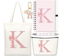 Talltalk 5 regalos personalizados para mujer, bolsa de mano con inicial, bolsa de maquillaje, llavero, cuaderno, bolígrafo, regalos del alfabeto para mujeres (beige rosa, letra K)