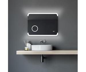 Talos Espejo de baño LED Harmony - 80 x 60 cm - Luz de habitación retroiluminada - Espejo cosmético Iluminado con 3 aumentos - Reloj Digital - Marco de Aluminio
