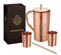 Taluka - Jarra de agua martillada de cobre puro con 2 vasos de vidrio martillado y 1 pajita de 70 onzas / 2000 ml/2 L para el hogar, restaurante, hoteles, regalos Ayurveda beneficios para la salud