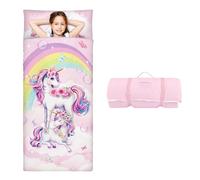 Tamaño Grande Saco de Dormir Infantil con Almohada Extraíble 170×75cm, Cálida Plegable Alfombrilla de Siesta para Niños y Niñas, Bolsa de Dormir con Cremallera para Camping Siesta, Unicornio