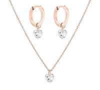 Tamaris Juego de joyas con piedra de circonita, collar con colgante de corazón y pendientes de aro con colgante de corazón, oro rosa IP, cadena de ancla ajustable hasta 45 cm, resistente al agua y