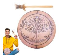 Tambor chamán de madera con , tambor de mano de madera hecho a mano para curación de sonido, meditación y rituales, estilo retro con diseño decorativo, perfecto para prácticas espirituales y