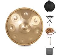 Tambor de acero Handpan dorado 22 pulgadas, 9 notas, 432 Hz en re menor con soporte, estuche, mazos duraderos y paño for el polvo