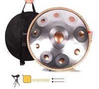 Tambor De Acero para Handpan, 440Hz 9/10/12 Notas Instrumento de tambor Handpan, 22 Pulgadas Tongue Drum En Re Menor con Soporte para Meditación y Yoga(Gold+Silver,10 Notes)