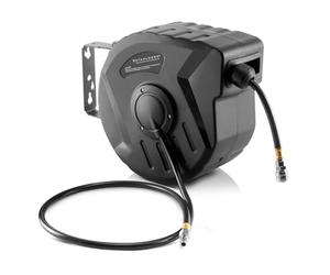 Tambor de aire comprimido STAHLWERK de 10+1 m con rebobinado automático, hasta 8 bar, acoplamiento rápido estándar, función de encaje, carcasa de plástico robusta, juego de montaje en pared