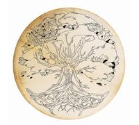 Tambor de chamán de 50 cm Lady of the Wood - Diseño espiritual serigrafiado en piel de cabra y adornos de plumas para adornar y mazo de madera de café y cuero