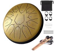 Tambor de lengua, 15 cm, 11 notas en D mayor, tambor de acero con libro musical, baquetas, tonos de acero, instrumento de percusión, batería principiante para meditación yoga (dorado, 11 tonos)