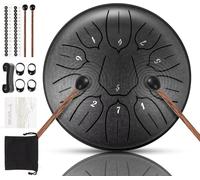 Tambor de lengua, 15 cm, 11 notas en D mayor, tambor de acero con libro musical, baquetas, tonos de acero, instrumento de percusión, batería principiante para meditación yoga (negro, 11 tonos)