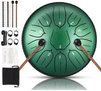 Tambor de lengua, 15 cm, 11 notas en D mayor, tongue de acero con libro musical, baquetas, tonos de acero, instrumento de percusión, batería principiante para meditación yoga (verde jade, 11 tonos)