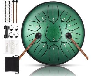Tambor de lengua, 15 cm, 11 notas en D mayor, tongue de acero con libro musical, baquetas, tonos de acero, instrumento de percusión, batería principiante para meditación yoga (verde jade, 11 tonos)