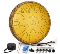 Tambor de lengua de acero de 13 pulgadas, 15 notas, tambores de mano para adultos de 440 Hz, instrumento musical de mano C Major Handpan con cancionero, mazos y bolsa de transporte, amarillo