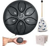 Tambor de lengua de acero de 3 pulgadas, 6 notas, llave C, tambor de percusión, bolsa de tela etérea, libro de música y mazos para educación musical, yoga, meditación y curación mental (negro)
