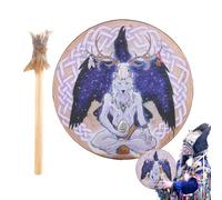 Tambor de mano de chamán, instrumento hecho a mano de 9 pulgadas, diseño de cabeza de lobo de tambor siberiano, percusión de meditación espiritual para adultos, herramienta de sonido ritual para curar