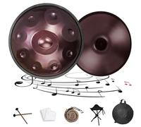 Tambor Handpan Instrumento de Percusión Re Menor 22 Pulgadas Steel Drum 9/10/12 Notas,Tambor de Lengua con Mango Suave,Percusión Armónica con Bolsa Mazos Soporte(Morado,432HZ/10Note)