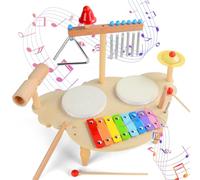 Tambor Infantil de Madera, 7 IN1 Batería Musical para Niños con Xilófono, Juguete Educativo Montessori, Instrumentos Musicales Juguetes de Madera Regalo para Bebé Niño Niña 3 4 5 Años