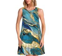 Tamiger Azurite - Vestido de verano sin mangas para mujer, color verde azulado y dorado, estampado de mármol aceitado, ligero, uso diario, oficina, vacaciones, casual, Negro, S