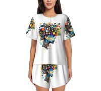 Tamiger Conjunto de pijama de manga corta con estampado de cerebro de inteligencia artificial para mujer, ropa de descanso para verano, al aire libre, ropa de dormir, Negro, M