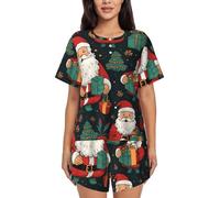 Tamiger Conjunto de pijama de manga corta con estampado de Feliz Navidad para mujer, ropa de descanso para verano, al aire libre e interior, Negro, 3XL