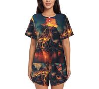 Tamiger Conjunto de pijama de manga corta con estampado de volcán para mujer, ropa de descanso de verano, para interiores y exteriores, Negro, XL