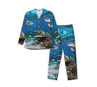 Tamiger Conjunto de pijama de manga larga para hombre con estampado de tortugas marinas, traje de dos piezas, transpirable, acogedor, ropa de descanso de fin de semana, Negro, L