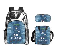 Tamiger Juego de mochila transparente de 3 piezas con diseño de mapa de Finlandia con varias hazañas, para viajes, aventuras al aire libre, vacaciones, bolsa transparente