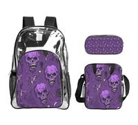 Tamiger Juego de mochila transparente de 3 piezas con estampado de terror sobre fondo morado para viajes, aventuras al aire libre, vacaciones, bolsa transparente