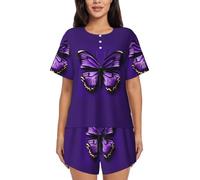 Tamiger Lindo conjunto de pijama de manga corta con estampado de mariposas moradas para mujer, ropa de descanso para verano, al aire libre e interior, Negro, L