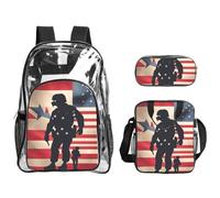Tamiger US Military Soldiers Patriotic Memorial Day Print Juego de mochila transparente de 3 piezas para viajes, aventuras al aire libre, vacaciones, bolsa transparente