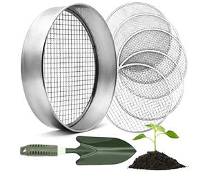 Tamiz de jardín redondo de 30 cm con 5 tamices intercambiables - tamiz de acero inoxidable para tierra, abono, semillas - pala de jardín incluida