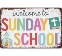 TammieLove Cartel de metal para pared con texto en inglés "Religion S Instant Welcome To Sunday School" ("Bienvenido a la escuela dominical") para niños, Ministerio de niños, letrero de metal para