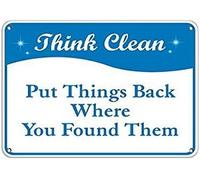 TammieLove Letrero de metal de aluminio de 20,3 x 30,5 cm con texto en inglés "Think Clean Put Things Back Where You Found Them"