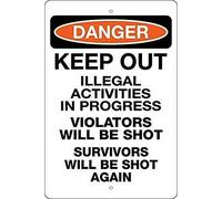 TammieLove Letrero metálico de aluminio de 20 x 30 cm, letrero de metal con texto en inglés "Survivors Will Be Shot Again Danger Keep Out Illegal Activities in Progress Violators Will Be Shot Parking