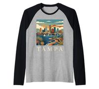 Tampa Florida Retro Vintage Skyline Bay Waterfront Atardecer Camiseta Manga Raglan