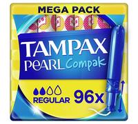 Tampax Compak Pearl - 96 sellos con aplicador, regular, flujo ligero a mediano, triple confort, aplicador suave, velo suave, certificado Oeko-Tex, probado dermatológicamente