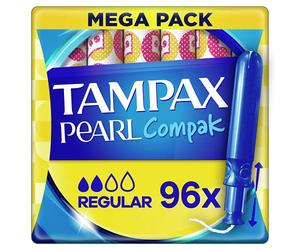 Tampax Compak Pearl - 96 sellos con aplicador, regular, flujo ligero a mediano, triple confort, aplicador suave, velo suave, certificado Oeko-Tex, probado dermatológicamente