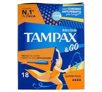 Tampax & Go Super Plus - 18 compresas con aplicador de plástico con agarre antideslizante y doble cordón protector, ideal para flujos muy abundantes