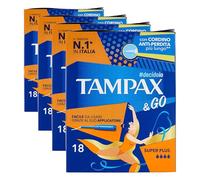 Tampax & Go Super Plus - 18 compresas con aplicador de plástico con agarre antideslizante y doble cordón protector, ideal para flujos muy abundantes (Paquete de 4)