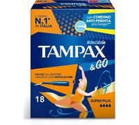 Tampax & Go Super Plus - 18 compresas con aplicador de plástico con agarre antideslizante y doble cordón protector, ideal para flujos muy abundantes