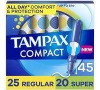 Tampax Paquete múltiple de tampones compactos de perlas, con trenza LeakGuard y aplicador extensible, absorción regular/super, aplicador compacto extensible, sin perfume, 45 unidades