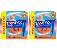 Tampax Pearl Compak Super Plus Tampones Con Aplicador, 36 Unidades, 3 en 1 Protección Antifugas, Comodidad Y Fácil Inserción (Paquete de 2)