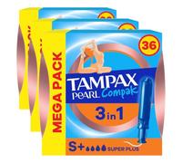 Tampax Pearl Compak Super Plus Tampones Con Aplicador, 36 Unidades, 3 en 1 Protección Antifugas, Comodidad Y Fácil Inserción (Paquete de 3)